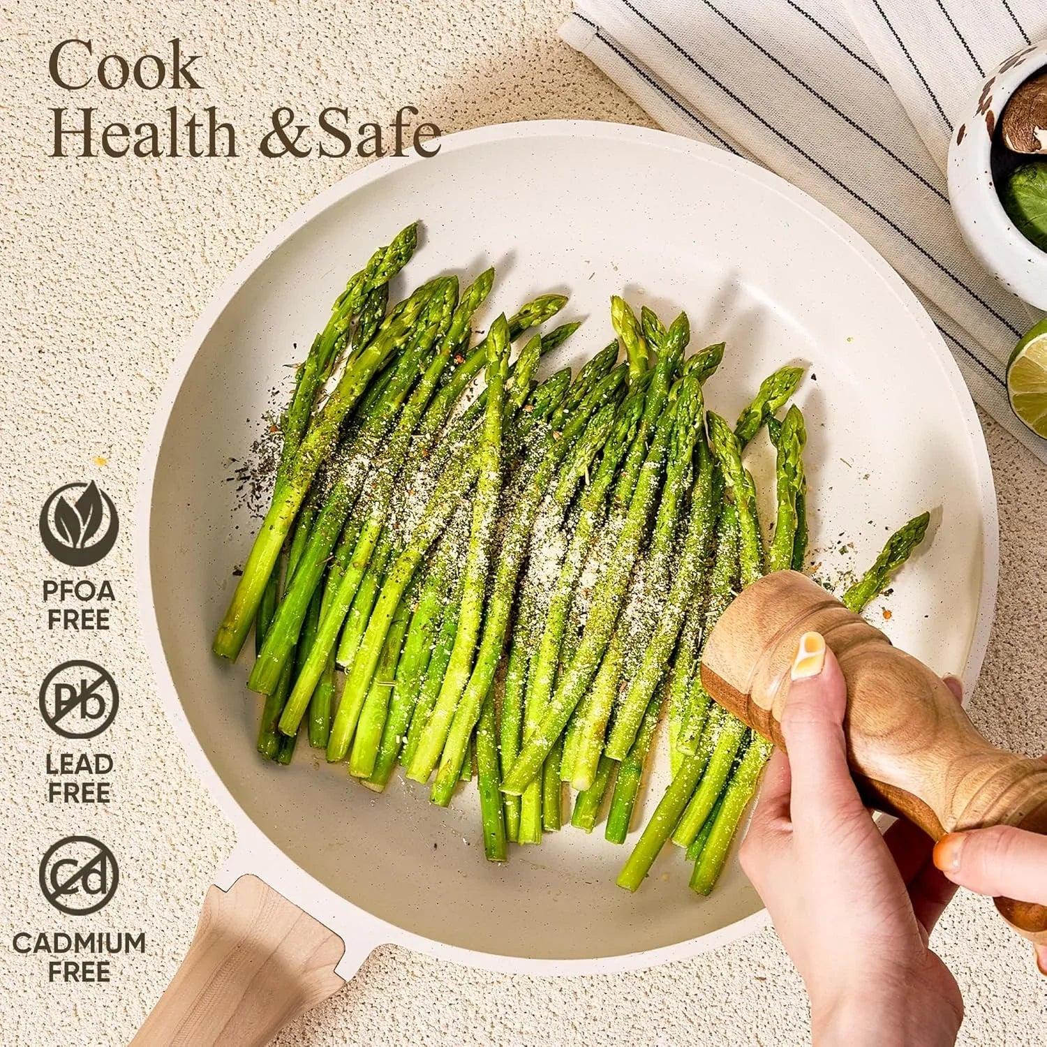 Nonstick ceramic frying pan with asparagus, being seasoned, toxin-free cookware