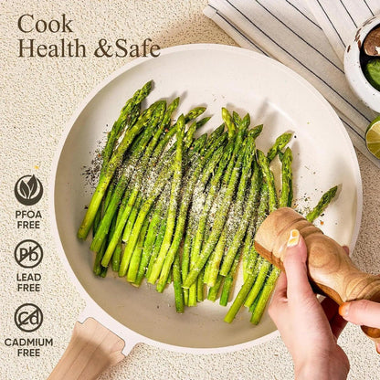 Nonstick ceramic frying pan with asparagus, being seasoned, toxin-free cookware