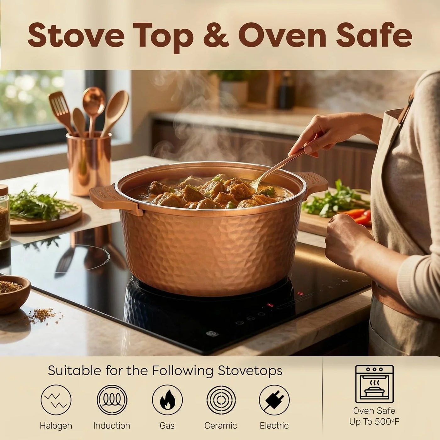 Hammered 5 Qt Lightweight Dutch Oven Pot with Lid & Holders, Ceramic Non Toxic, Oven Safe & Even Heat Retaining Dutch Oven for Bread Baking Sourdough, Soup, 70% Lighter than Cast Iron