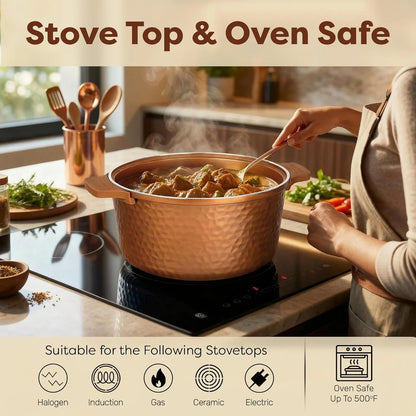 Hammered 5 Qt Lightweight Dutch Oven Pot with Lid & Holders, Ceramic Non Toxic, Oven Safe & Even Heat Retaining Dutch Oven for Bread Baking Sourdough, Soup, 70% Lighter than Cast Iron