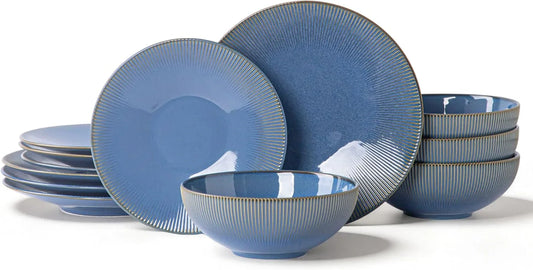 Dinnerware Sets for 4, 12 Piece Stoneware Plates and Bowls Sets, Ribbed Texture, Scratch Resistant Dish Set, Microwave and Dishwasher Safe, Blue