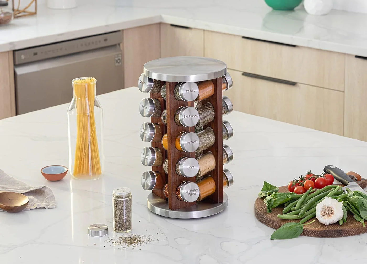 20 Jar Rotating Dark Acacia Wood Spice Rack with Spices Included & 5-Year Spice Refill Program – Rustic Wood Countertop Spice Rack with Glass Jars