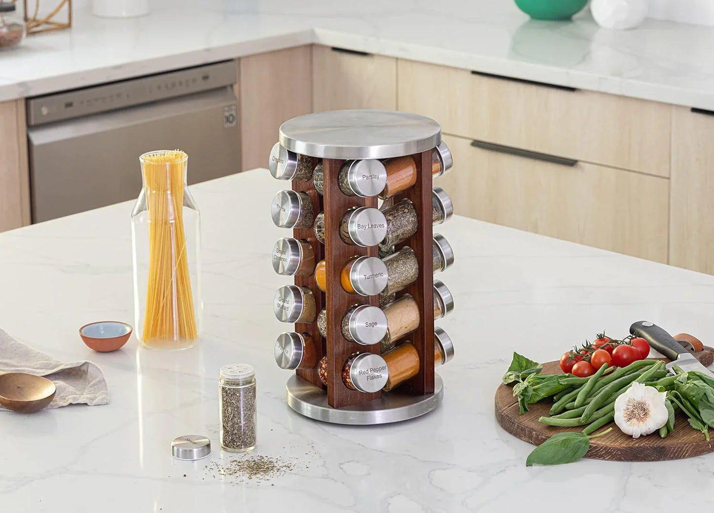 20 Jar Rotating Dark Acacia Wood Spice Rack with Spices Included & 5-Year Spice Refill Program – Rustic Wood Countertop Spice Rack with Glass Jars