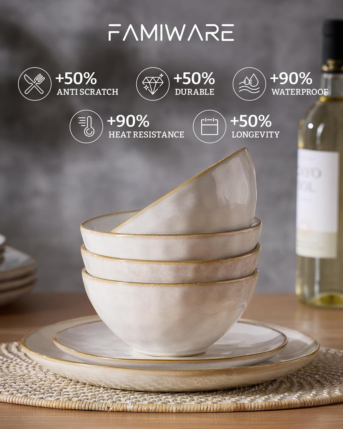 Dinnerware Sets for 4, Ocean round 12-Piece Kitchen Plates and Bowls Sets, Reactive Glaze, Microwave and Dishwasher Safe, Scratch Resistant, Cappuccino White