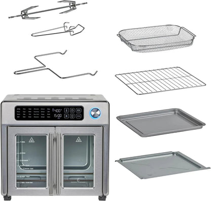 Extra Large French Door Air Fryer Toaster Oven Combo, 24 Cooking Functions and Digital Controls, 7 Accessories Included, Stainless Steel Finish, 26QT Capacity