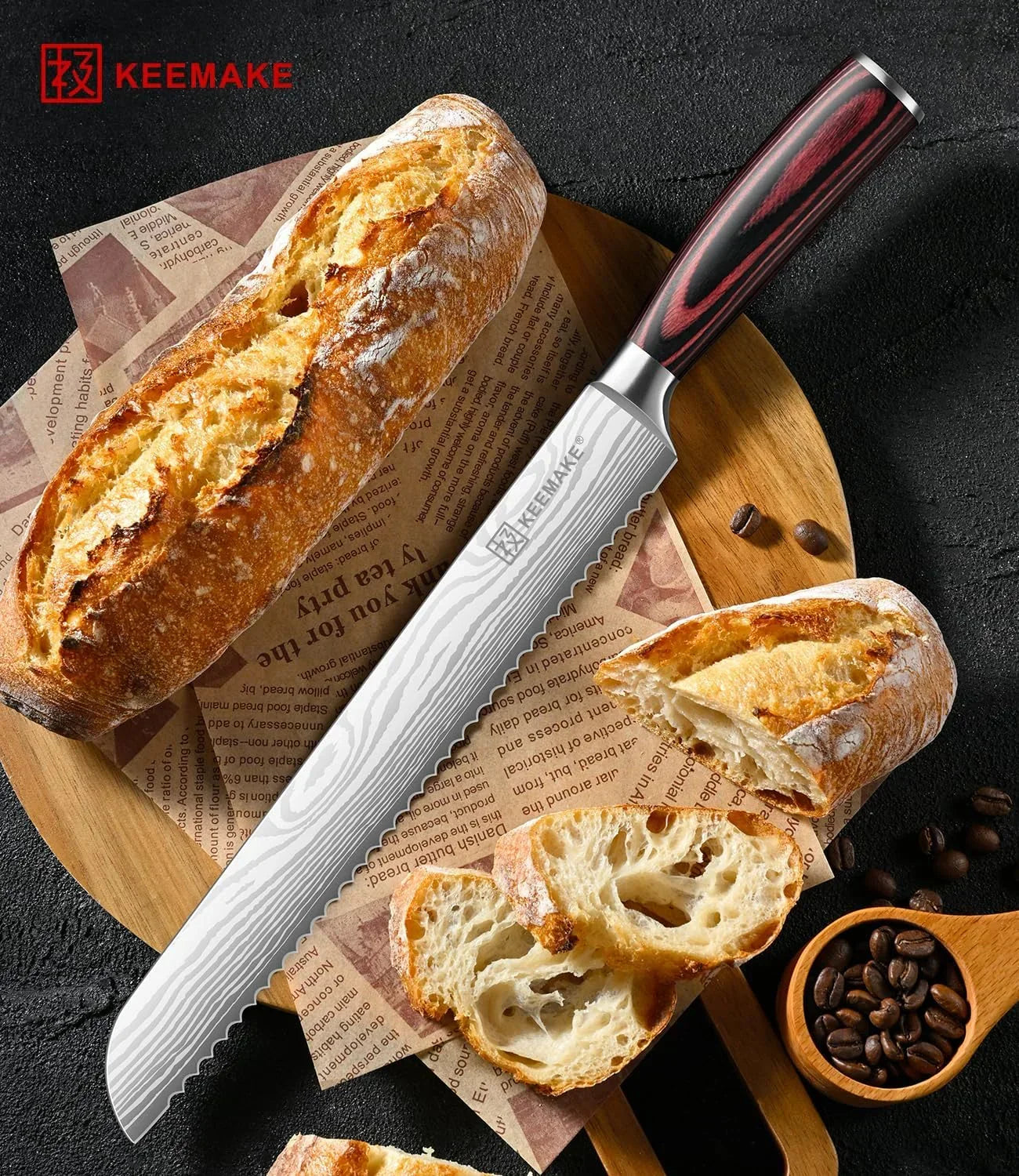 Keemake bread knife slicing fresh artisan loaf on wooden board with coffee beans