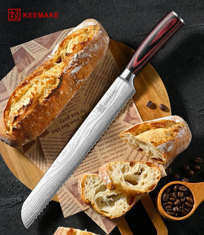 Keemake bread knife slicing fresh artisan loaf on wooden board with coffee beans