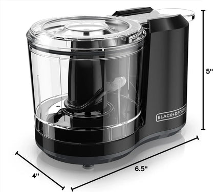 Black+Decker mini food chopper with clear bowl, compact kitchen appliance for chopping, 5-inch height