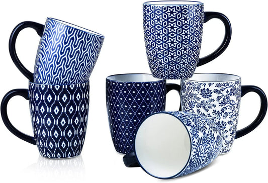 16 Oz Ceramic Coffee Mugs Set of 6, Ceramic Tea Cup with Handle, Dishwasher Oven Microwave Safe, Vintage Blue
