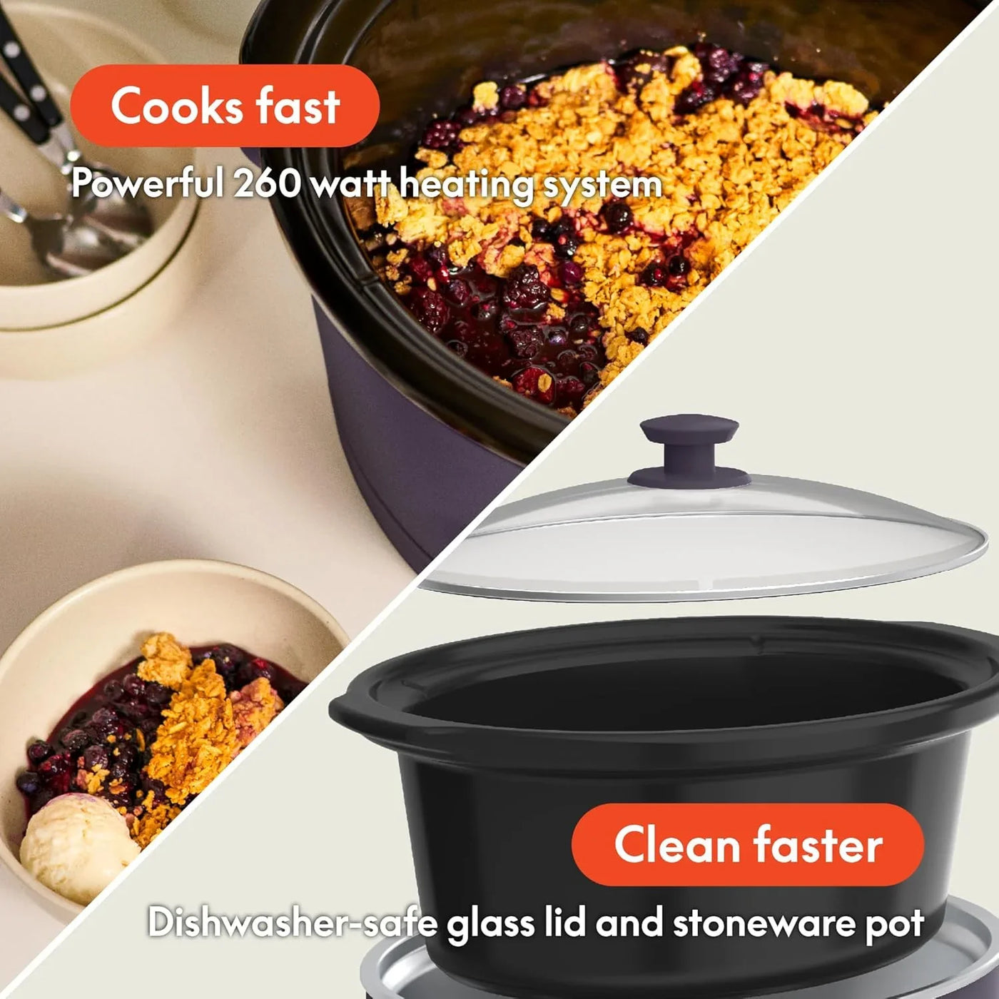 6.0 Qt Programmable Slow Cooker, Ceramic Nonstick Coating, Adjustable Temperature & Cooking Times, Dishwasher Safe Stoneware Pot & Tempered Glass Lid, Tangle Free Cord Wrap, Plum