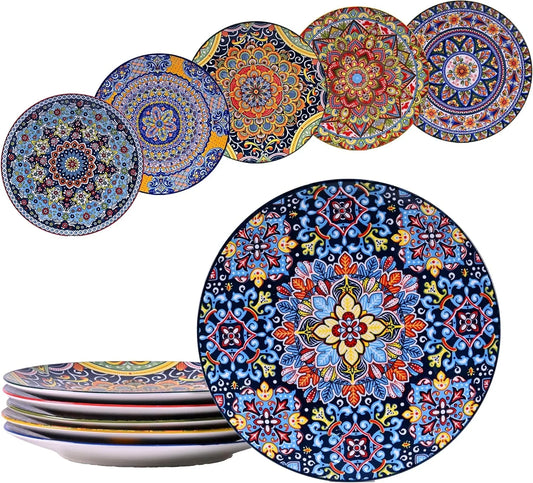 10.5 Inch Ceramic Dinner Plates Set of 6, Bohemian Appetizer Dessert Plates, Microwave Oven Dishwasher Safe, Hand Painted Artisan Design, Gift for Housewarming Thanksgiving