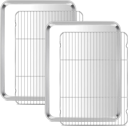 Large Baking Sheet with Wire Rack (2 Pans + 2 Racks), 20 X 14 Inch Stainless Steel Cookie Pans Tray & Cooling Rack for Baking, Non Toxic & Heavy Duty & Rust Free, Oven & Dishwasher Safe