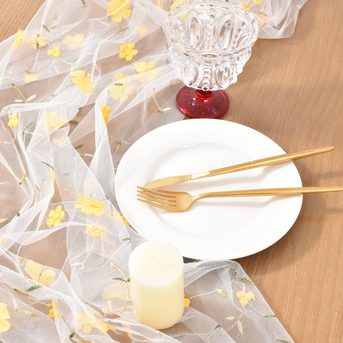 Yellow Embroidery Floral Easter Table Runner 10FT Seasonal Rustic Tulle Table Runner for Spring Summer Wedding Party Decoration Baby Shower DIY Craft