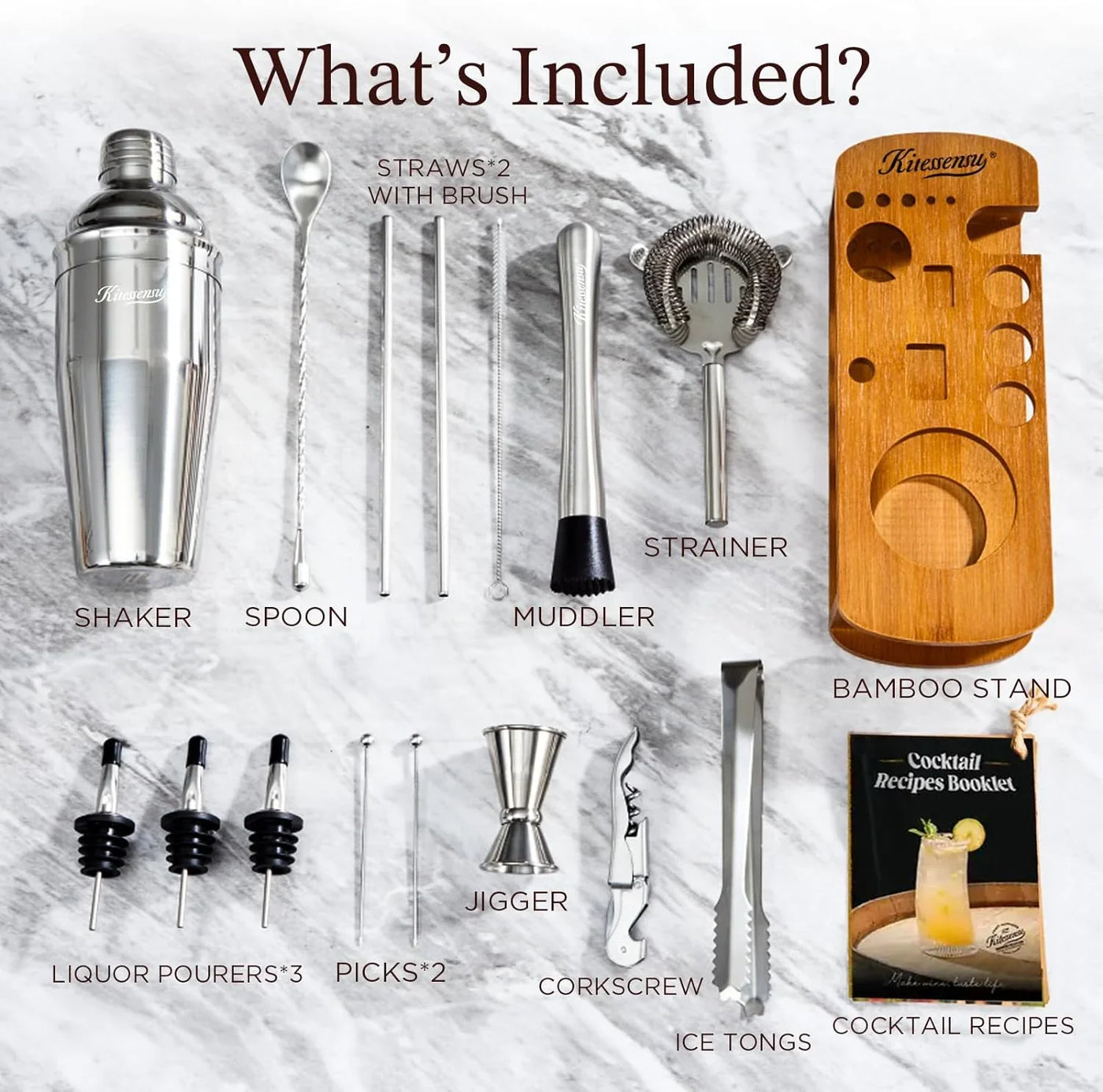 Cocktail Shaker Set Bartender Kit with Stand | Bar Set Drink Mixer Set with All Essential Accessory Tools: Martini Shaker, Jigger, Strainer, Mixer Spoon, Muddler, Liquor Pourers |Silver
