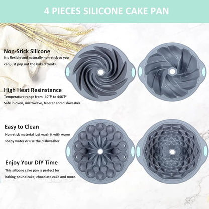4 Pieces Silicone Fluted Cake Pans, 6/7/8 Cups Tube Baking Pan, Non-Stick Kitchen Oven Baking Pans, Silicone Molds for Homemade Cake, Bread and Jello, Grey