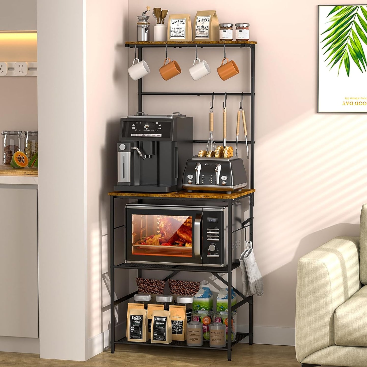 4 Tier Coffee Bar Station, Kitchen Stand with 8 S-Shaped Hooks, Large Space Coffee Station Table, Farmhouse Coffee Bar Shelf, Bakers Rack for for Kitchen, Living Room, 23.62" W X 15.74" D X 57.13" H