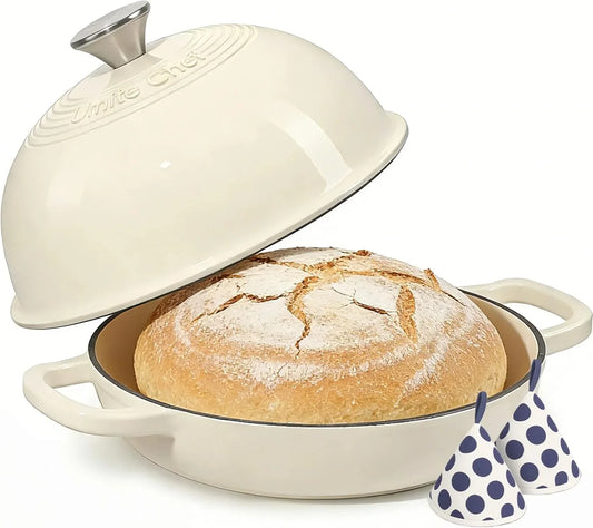 Enameled round Cast Iron Bread Oven, 6 Qt Cast Iron Dutch Oven for Homemade Sourdough Bread Baking, Bread Pot with Dome Lid & Cotton Potholders (Cream White)