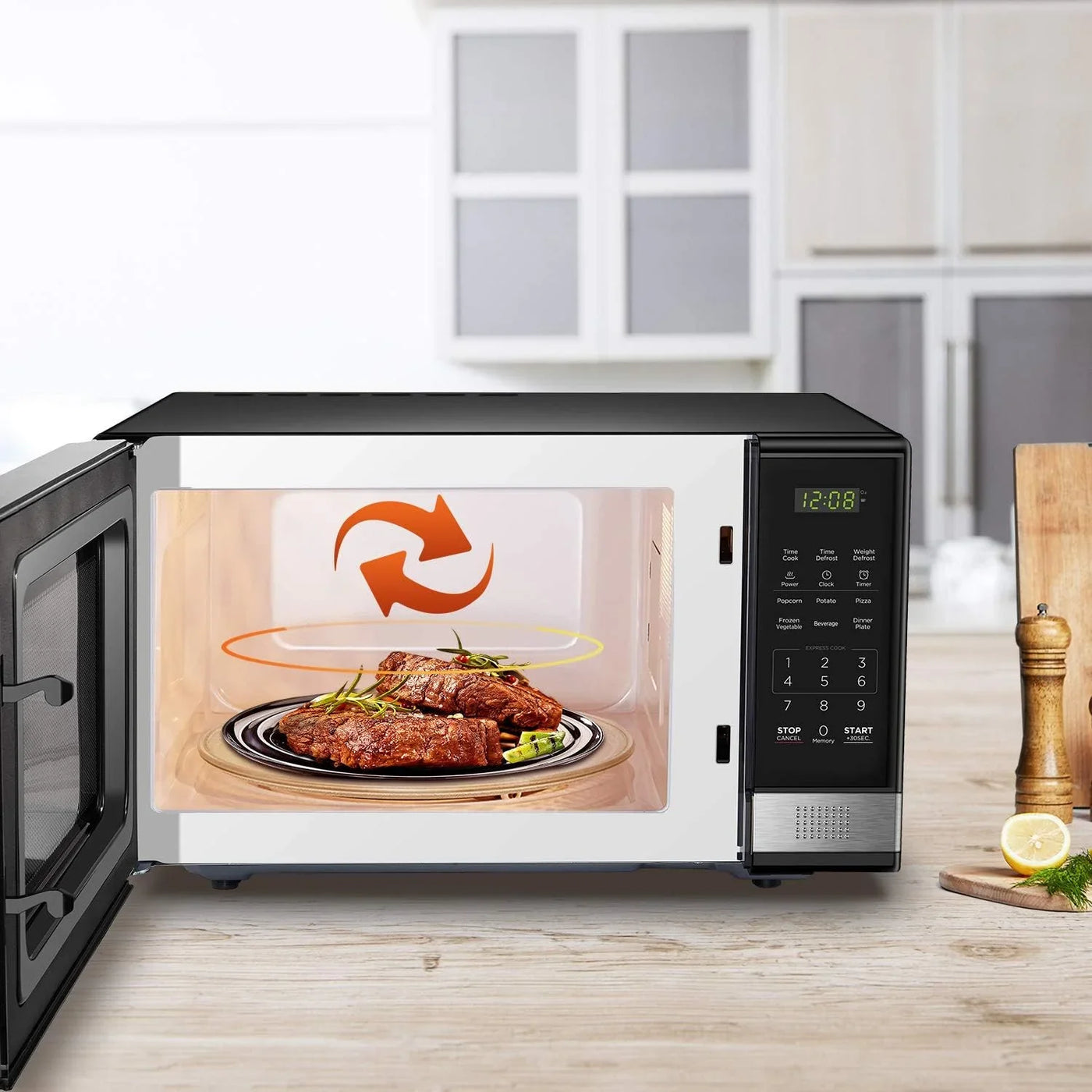 EM031MB11 Digital Microwave Oven with Turntable Push-Button Door, Child Safety Lock, 1000W, 1.1Cu.Ft, Black & Stainless Steel, 1.1 Cu.Ft