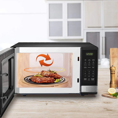 EM031MB11 Digital Microwave Oven with Turntable Push-Button Door, Child Safety Lock, 1000W, 1.1Cu.Ft, Black & Stainless Steel, 1.1 Cu.Ft