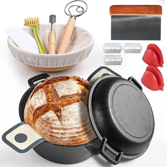 Advanced Cast Iron Dutch Oven for Baking, with Banneton Bread Proofing Basket & Baking Supplies, 5QT Multi-Functional Dutch Oven Pot with Lid, Cast Iron Bread Pan, Black