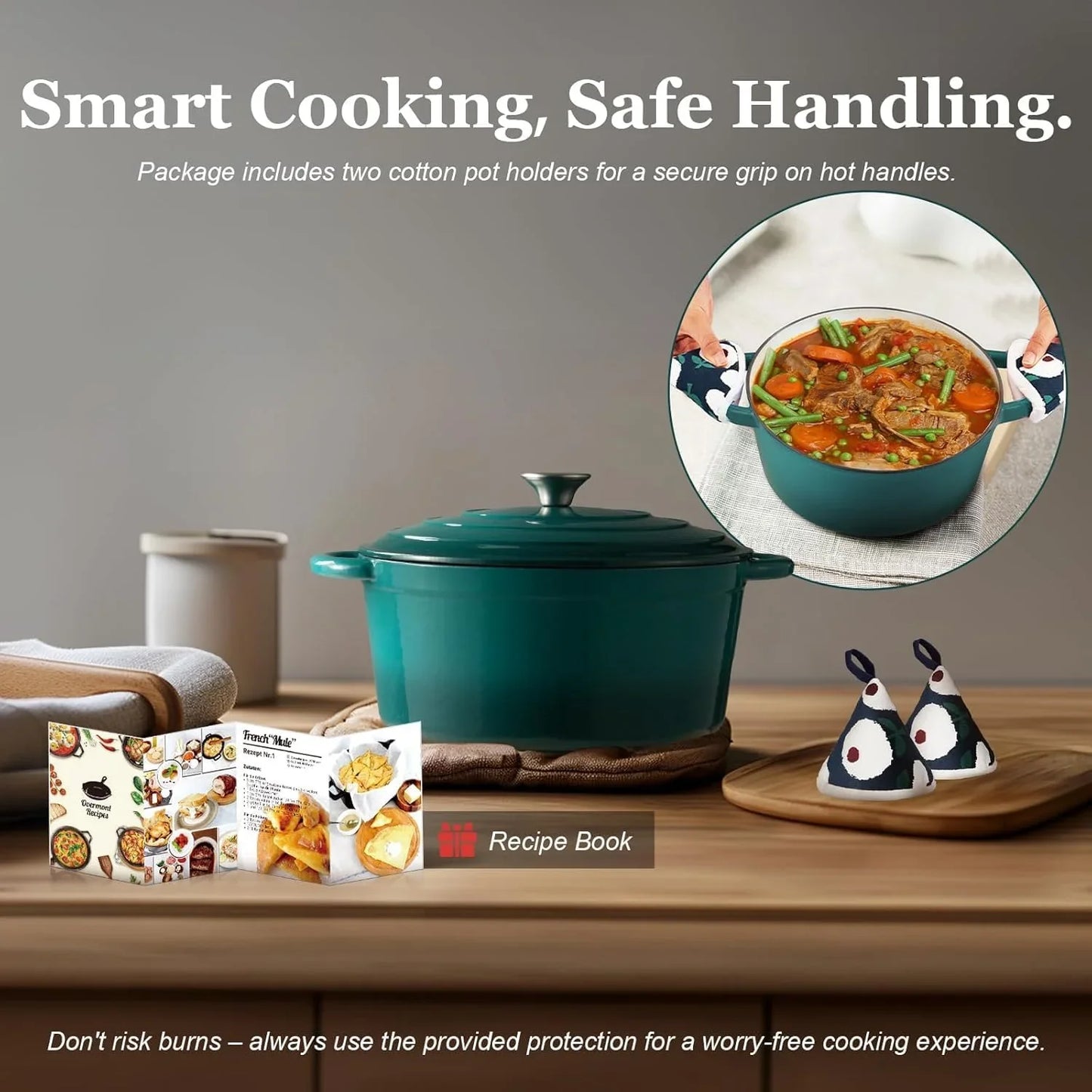 Enameled Cast Iron Dutch Oven - 5.5QT Pot with Lid Cookbook & Cotton Potholders - Heavy-Duty Cookware for Braising, Stews, Roasting, Sourdough Baking Bottle Green