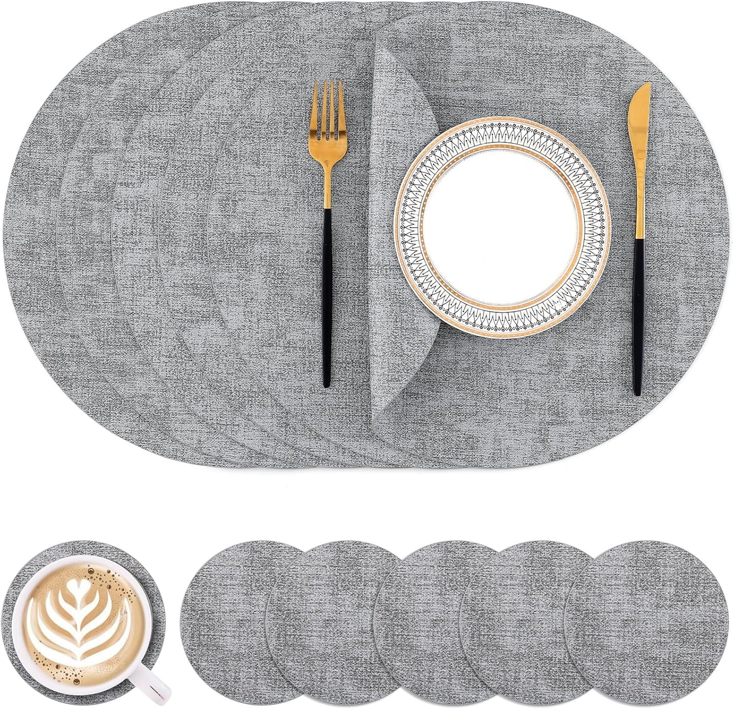 round Faux Leather Placemats and Coasters, Washable Dual-Side Table Mats, Wipeable Heat-Resistant Dining Place Mats for Outdoor and Indoor, Set of 6, Diameter 13 and 3.93 Inch, Light Grey
