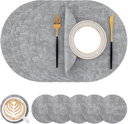 round Faux Leather Placemats and Coasters, Washable Dual-Side Table Mats, Wipeable Heat-Resistant Dining Place Mats for Outdoor and Indoor, Set of 6, Diameter 13 and 3.93 Inch, Light Grey