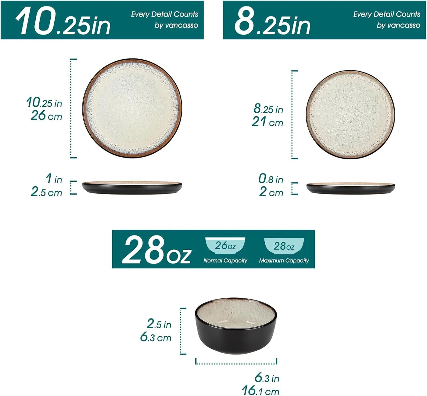 Plates and Bowls Sets, 24 Pieces Stoneware Dinnerware Sets for 8, Kitchen Dish Set Mircowave and Dishwasher Safe Ceramic Dishware, Light Cream, Series AMBER