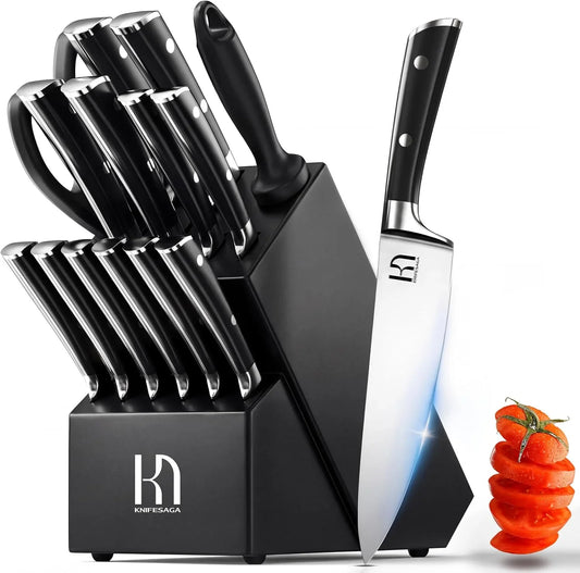 Knife Set 15 Pcs High Carbon Stainless Steel Kitchen Knife Sets with Block & Sharpener, Premium Razor-Sharp Black Knives Block Set for Kitchen, Ergonomic Full-Tang Handle