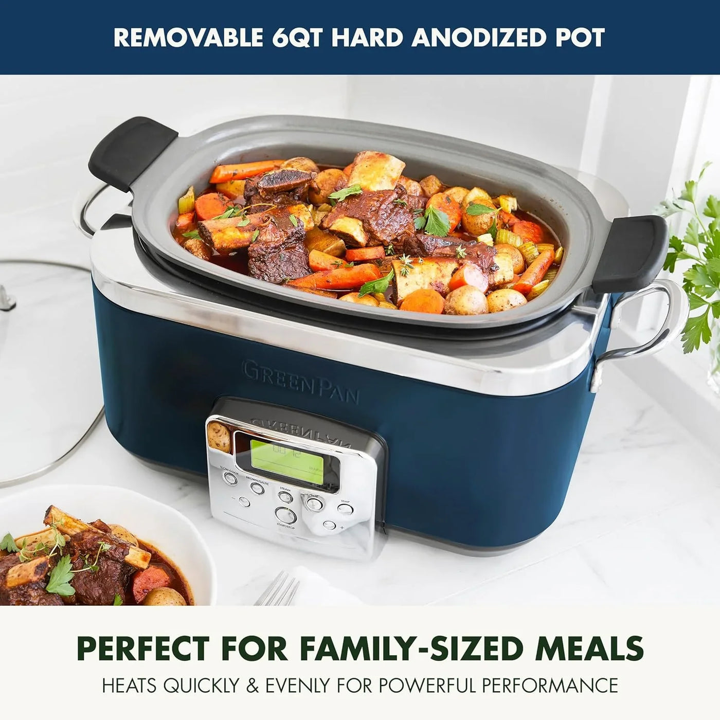 Elite 8-In-1 Programmable 6QT Electric Slow Cooker,Dishwasher Safe Lid & Removable Crock, Pfas-Free Healthy Ceramic Nonstick Multi-Cooker,Sear, Sauté,Brown,Steam Basket,Roast, Oxford Blue
