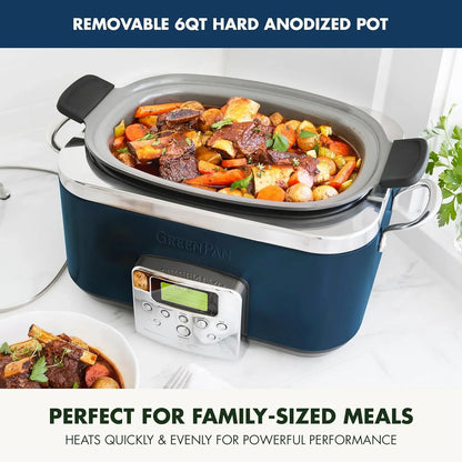 Elite 8-In-1 Programmable 6QT Electric Slow Cooker,Dishwasher Safe Lid & Removable Crock, Pfas-Free Healthy Ceramic Nonstick Multi-Cooker,Sear, Sauté,Brown,Steam Basket,Roast, Oxford Blue