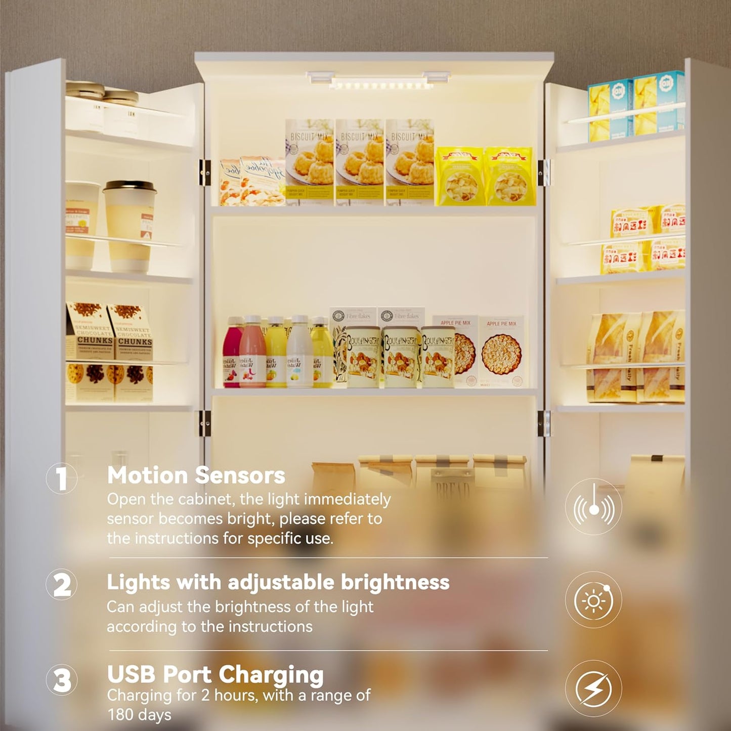72" LED Kitchen Pantry Cabinet with 3 Drawers Farmhouse Tall Storage Cabinet Wood Food Pantry with Barn Doors and Adjustable Shelves Versatile Storage Freestanding Cupboard for Kitchen