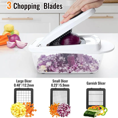 3-blade vegetable chopper with large/small dicer & garnish slicer, dicing onions in kitchen