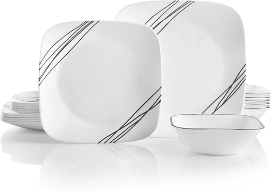 Vitrelle 18-Piece Service for 6 Dinnerware Set Triple Layer Glass and Chip Resistant, Lightweight Square Plates and Bowls Set, Simple Sketch