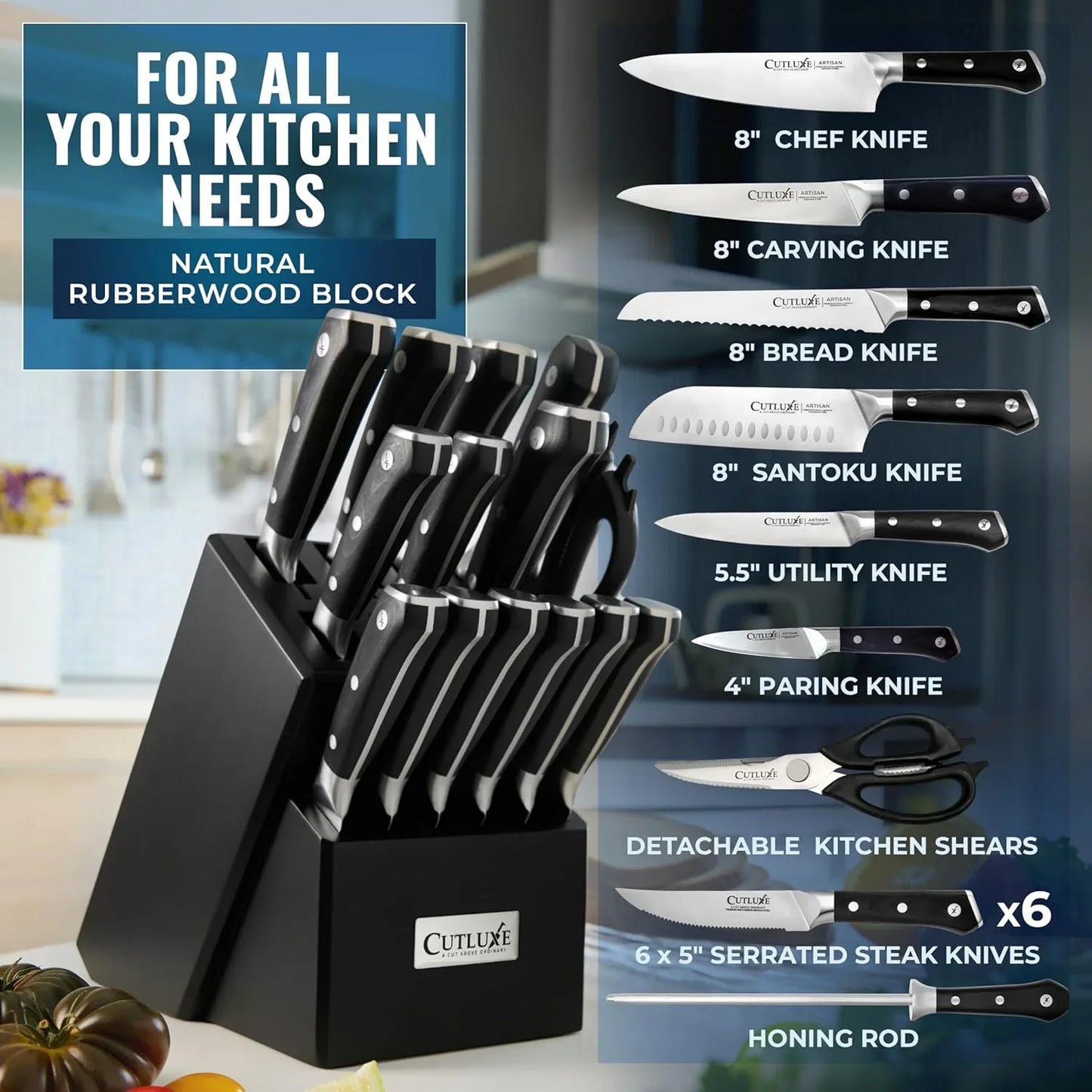 15-Piece Knife Set – Premium Black Wood Block – Knife Set for Kitchen, Ultra Sharp High Carbon German Stainless Steel, Full Tang – Artisan Series