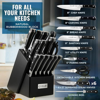 15-Piece Knife Set – Premium Black Wood Block – Knife Set for Kitchen, Ultra Sharp High Carbon German Stainless Steel, Full Tang – Artisan Series
