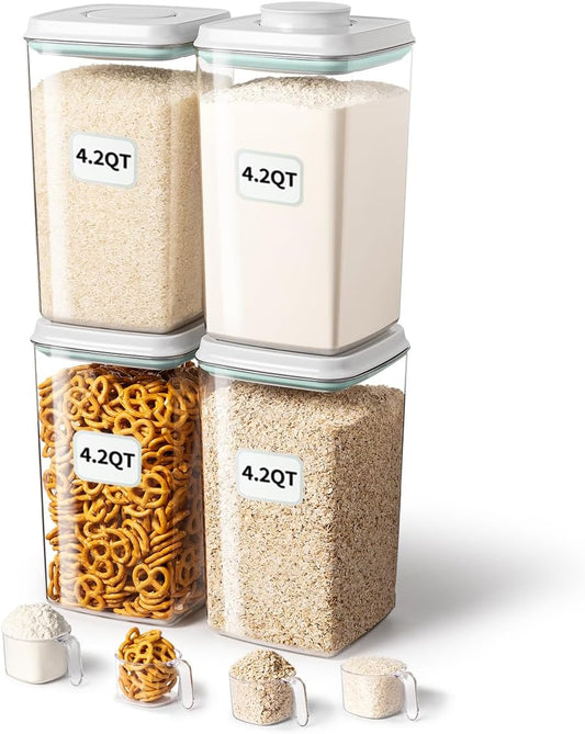 Airtight Food Storage Container with Pop Lid & 130Ml Scoop, 4L/4.2Qt *4 Bpa-Free Cereal, Rice, Flour, Pasta & Snack Container, Stackable & Durable,Kitchen Pantry Organizer