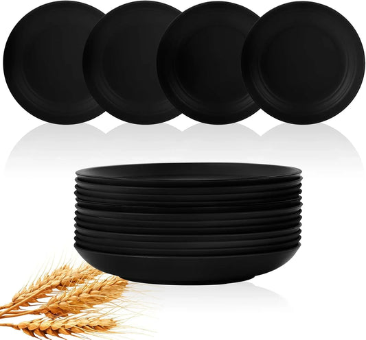 Dinner Plates Unbreakable Wheat Straw Plates Kids Plate Set of 12 Alternative for Plastic Plates Reusable Plate for Kitchen Dishwasher Safe (9 Inches-Black)