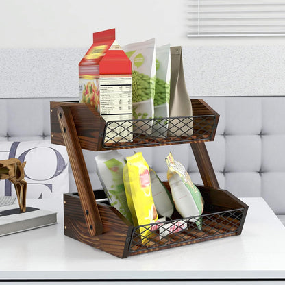 Fruit Basket for Kitchen, 2 Tier Fruit Bowl,Kitchen Counter Organizer,Wooden Vegetable Holder for Countertop,Bread Storage Basket Stand