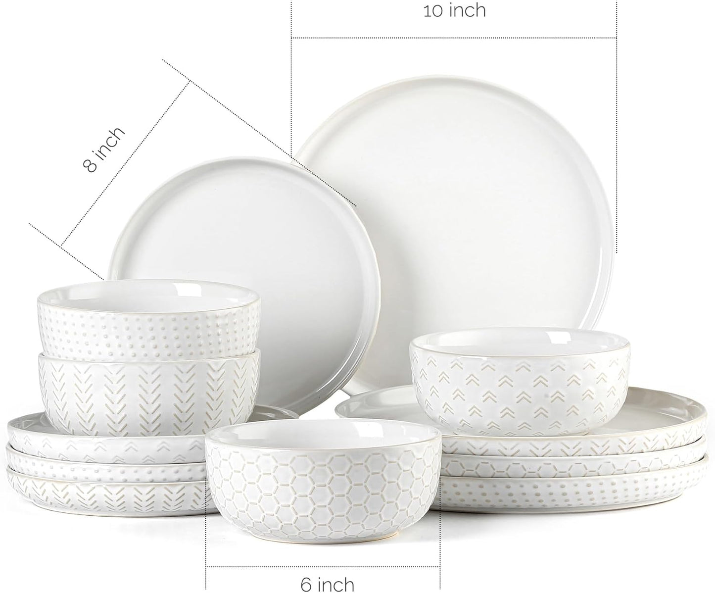 Stoneware Dinnerware Sets Service for 4, 12 Pcs Reactive Glaze Plates and Bowls Sets, Embossed Boho Ceramic Dish Set, Highly Chip and Crack Resistant Farmhouse Plate Set, Ivory White