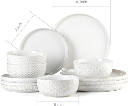 Stoneware Dinnerware Sets Service for 4, 12 Pcs Reactive Glaze Plates and Bowls Sets, Embossed Boho Ceramic Dish Set, Highly Chip and Crack Resistant Farmhouse Plate Set, Ivory White