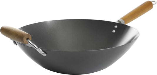 Hammond 14-Inch Flat Bottom Carbon Steel Wok, Black, Durable Non-Stick Stir Fry Pan for Gas and Electric Stovetops