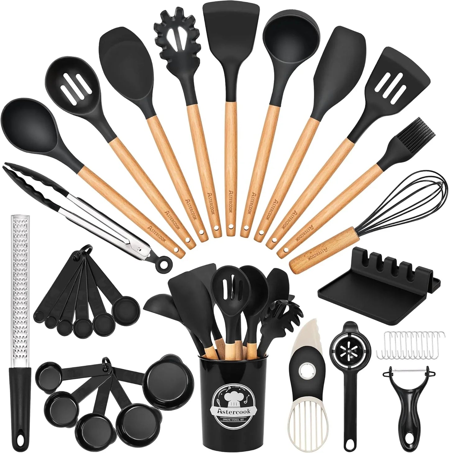 39 PCS Kitchen Utensils Set, Silicone Cooking Utensil Sets with Wooden Handle, 446°F Heat Resistant Food Grade Spatula Set, BPA Free Kitchen Gadgets Tools Set & Spoons for Nonstick Cookware