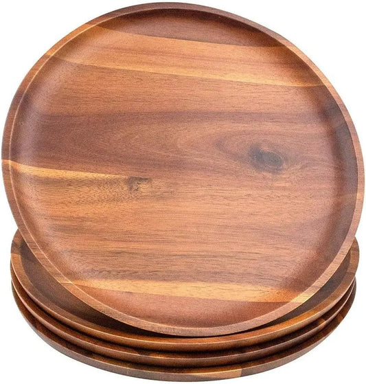 Acacia Wood Dinner Plates, 11Inch round Wood Plates Set of 4, Easy Cleaning & Lightweight for Dishes Snack, Dessert, Unbreakable Classic Plate