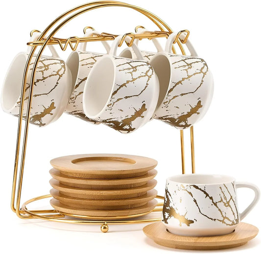 Ceramic Espresso Cups with Saucers and Metal Stand, Small 4 Oz Porcelain Demitasse Cups Set of 6, Cute Cappuccino Coffee Cups for Double Espresso, Tea, Marbling White