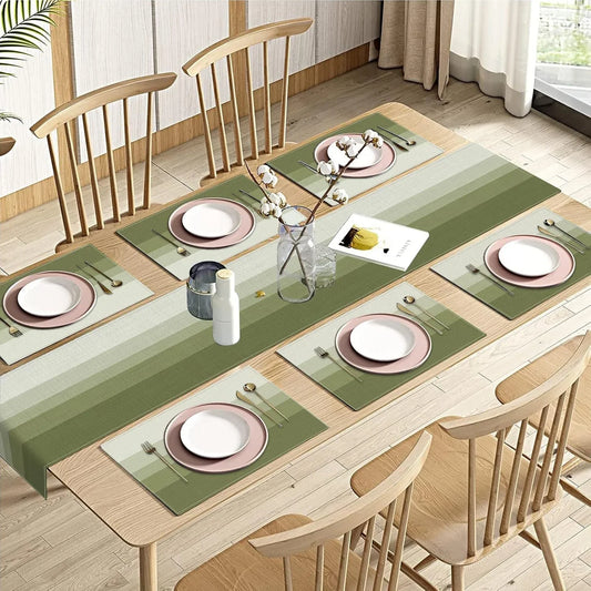 Olive Green Gradient Stripe Table Runner and Placemats Set of 6, Modern Geometric Painting Art Dining Decor for Daily Use(1 Table Runner 72 Inches Long and 6 Placemats)