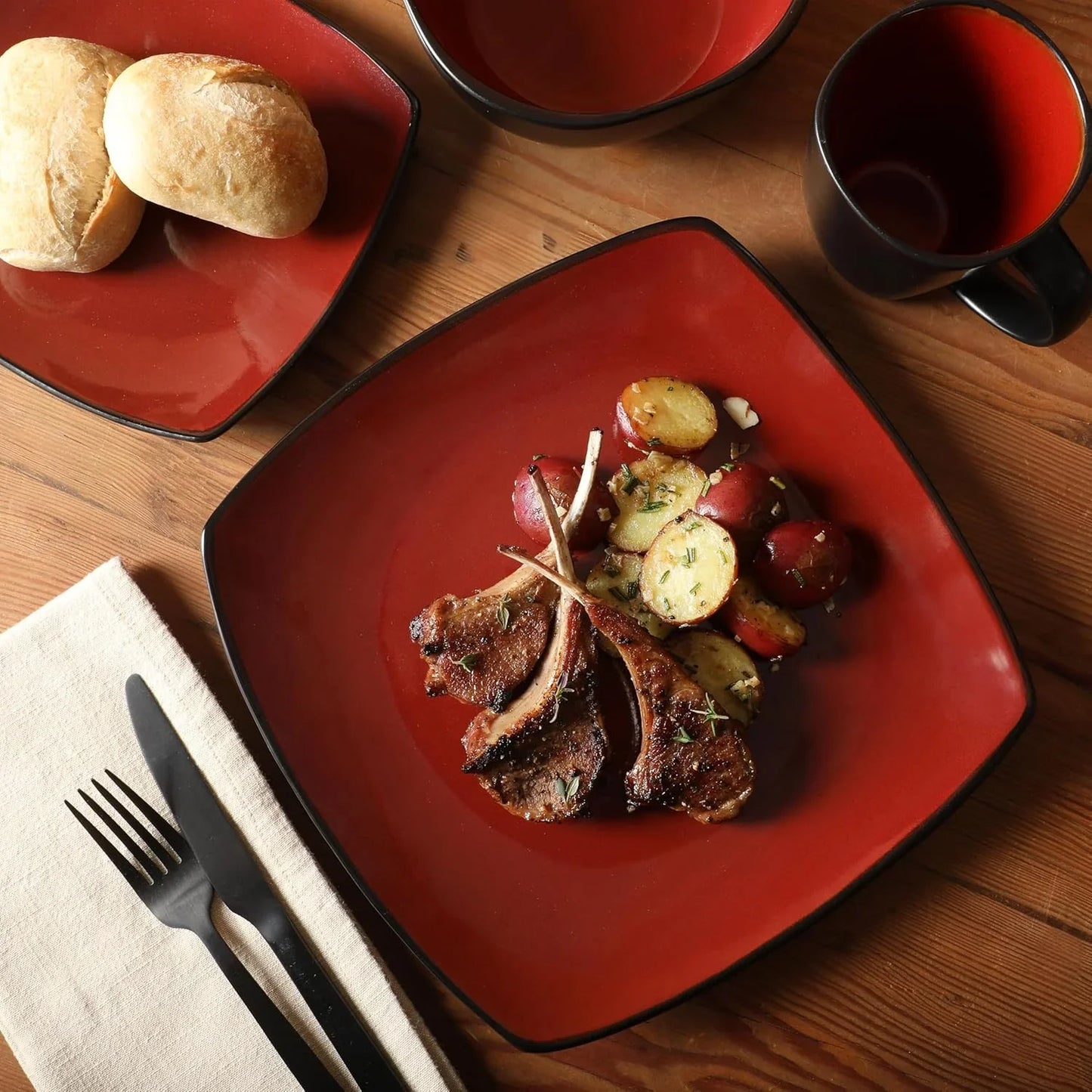 Soho Lounge Square 16-Piece Dinnerware Set, Service for 4, Reactive Glaze Stoneware Plates and Bowls, Modern Dishes, Microwave & Dishwasher Safe – Red and Black