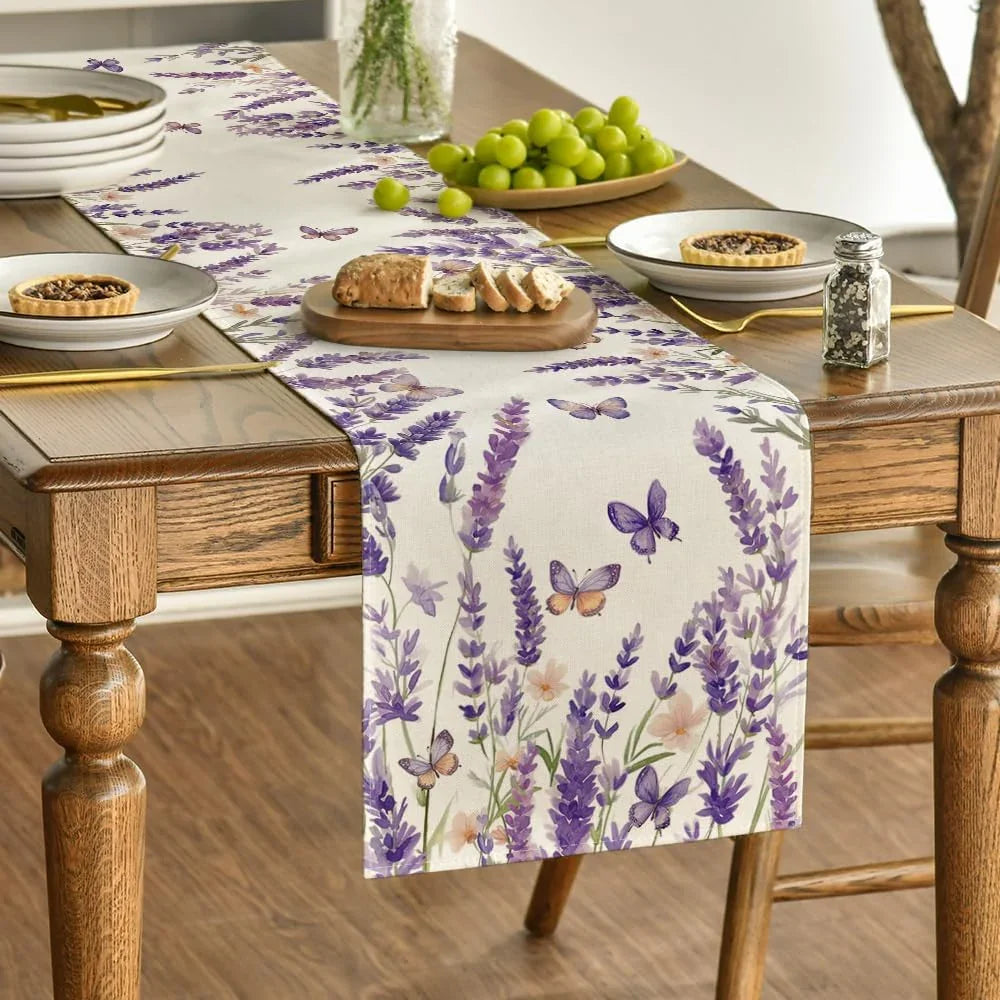 Purple Lavender Floral Butterflies Spring Table Runner, Seasonal Summer Kitchen Dining Table Decoration for Home Party Decor 13X72 Inch