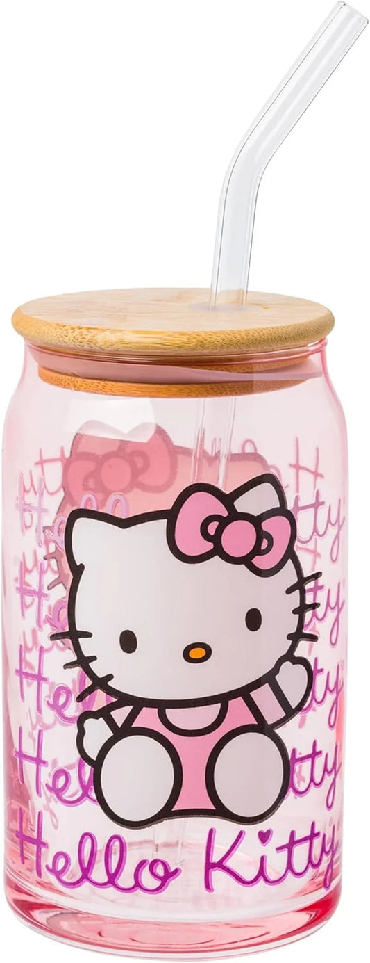 Sanrio Hello Kitty Waving Pink Glass Jar Tumbler with Bamboo Lid and Glass Straw, 16 Ounces | Sanrio, Waving, Jar, Tumbler, Bamboo Lid, Glass Straw