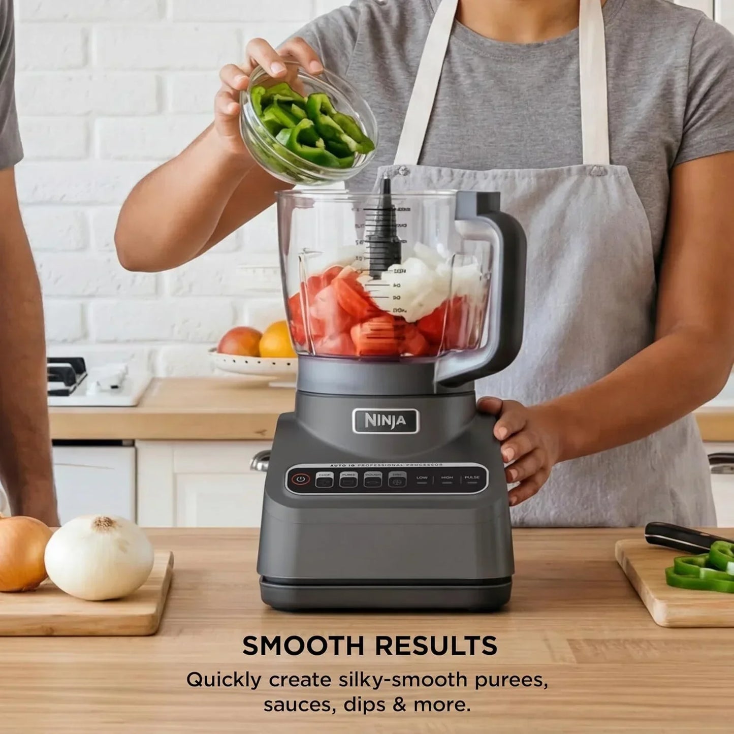 Ninja food processor blending veggies for smooth purees, sauces, and dips in a modern kitchen